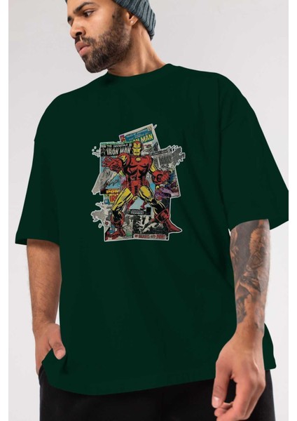 Iron Man (6) Ön Baskılı Zümrüt Yeşili Oversize T-Shirt Bisiklet Yaka Pamuk Erkek Kadın