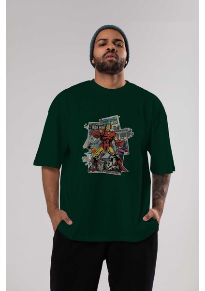 Iron Man (6) Ön Baskılı Zümrüt Yeşili Oversize T-Shirt Bisiklet Yaka Pamuk Erkek Kadın