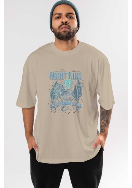 Game Of Thrones Gece Kralı Ön Baskılı Bej Oversize T-Shirt Bisiklet Yaka Pamuk Erkek Kadın