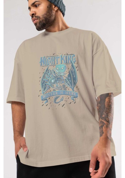 Game Of Thrones Gece Kralı Ön Baskılı Bej Oversize T-Shirt Bisiklet Yaka Pamuk Erkek Kadın