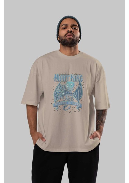 Game Of Thrones Gece Kralı Ön Baskılı Bej Oversize T-Shirt Bisiklet Yaka Pamuk Erkek Kadın