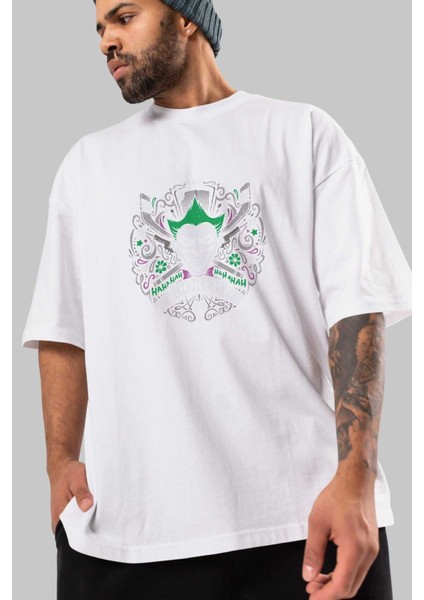 Joker (2) Ön Baskılı Beyaz Oversize T-Shirt Bisiklet Yaka Erkek Kadın modelleri