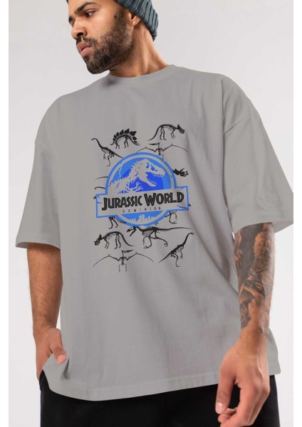 Jurassic Park (5) Ön Baskılı Gri Oversize T-Shirt Bisiklet Yaka Pamuk Erkek Kadın modelleri