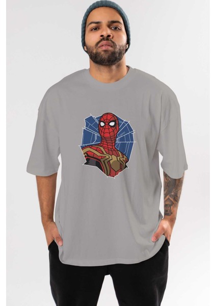 Spiderman (29) Ön Baskılı Gri Oversize T-Shirt Bisiklet Yaka Pamuk Erkek Kadın