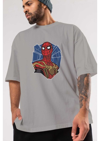 Spiderman (29) Ön Baskılı Gri Oversize T-Shirt Bisiklet Yaka Pamuk Erkek Kadın modelleri