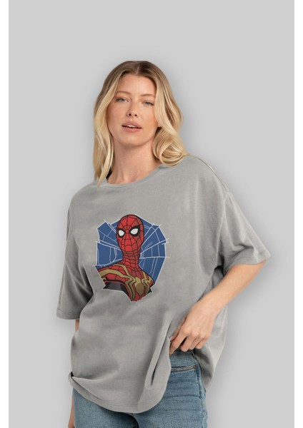 Spiderman (29) Ön Baskılı Gri Oversize T-Shirt Bisiklet Yaka Pamuk Erkek Kadın fırsatları
