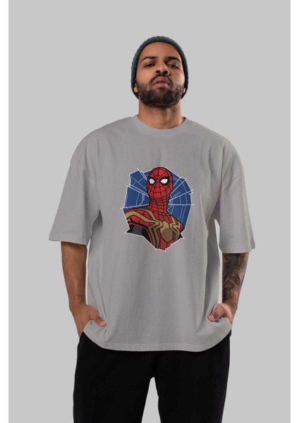 Spiderman (29) Ön Baskılı Gri Oversize T-Shirt Bisiklet Yaka Pamuk Erkek Kadın indirimleri