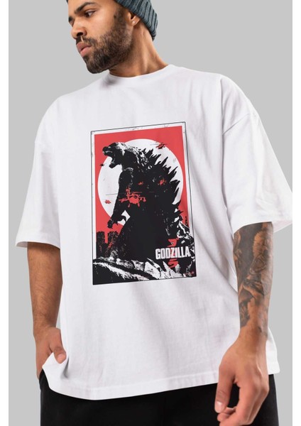 Godzilla (2) Ön Baskılı Beyaz Oversize T-Shirt Bisiklet Yaka Erkek Kadın modelleri