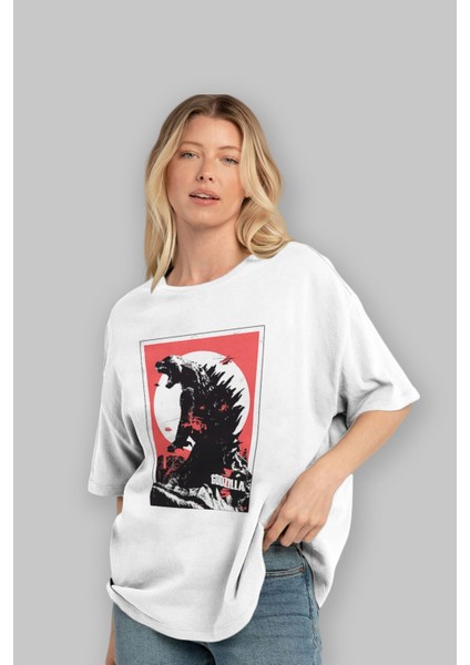 Godzilla (2) Ön Baskılı Beyaz Oversize T-Shirt Bisiklet Yaka Erkek Kadın fırsatları
