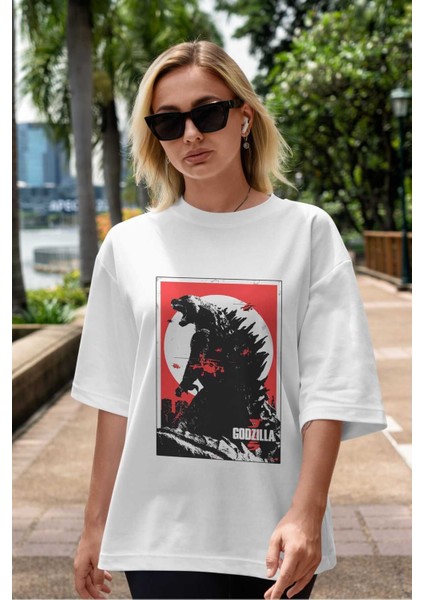 Godzilla (2) Ön Baskılı Beyaz Oversize T-Shirt Bisiklet Yaka Erkek Kadın indirimleri