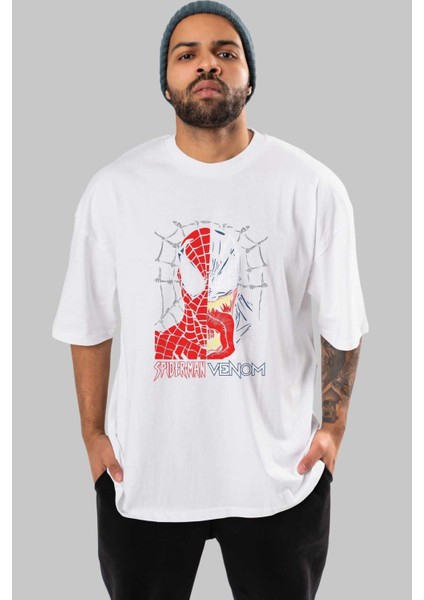 Spiderman Venom Ön Baskılı Beyaz Oversize T-Shirt Bisiklet Yaka Erkek Kadın