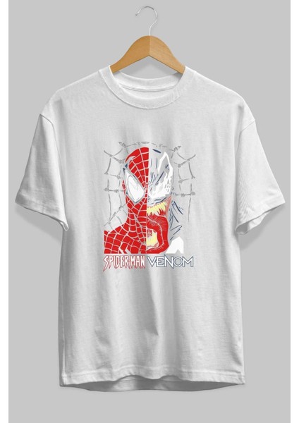 Spiderman Venom Ön Baskılı Beyaz Oversize T-Shirt Bisiklet Yaka Erkek Kadın fiyatları