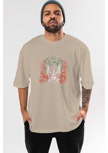 Joker (5) Ön Baskılı Bej Oversize T-Shirt Bisiklet Yaka Pamuk Erkek Kadın