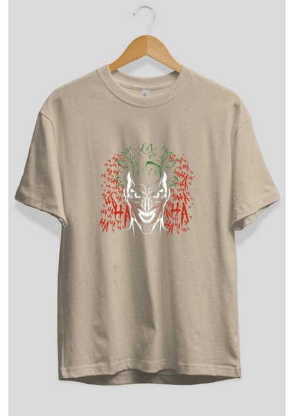 Joker (5) Ön Baskılı Bej Oversize T-Shirt Bisiklet Yaka Pamuk Erkek Kadın fiyatları