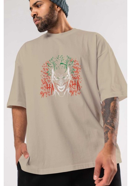 Joker (5) Ön Baskılı Bej Oversize T-Shirt Bisiklet Yaka Pamuk Erkek Kadın modelleri