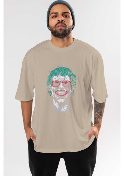 Joker 1 Ön Baskılı Bej Oversize T-Shirt Bisiklet Yaka Pamuk Erkek Kadın