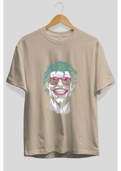 Joker 1 Ön Baskılı Bej Oversize T-Shirt Bisiklet Yaka Pamuk Erkek Kadın fiyatları