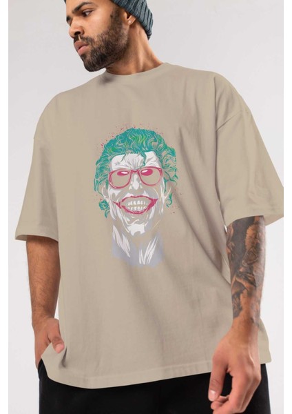 Joker 1 Ön Baskılı Bej Oversize T-Shirt Bisiklet Yaka Pamuk Erkek Kadın modelleri