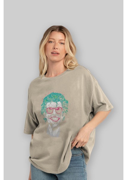 Joker 1 Ön Baskılı Bej Oversize T-Shirt Bisiklet Yaka Pamuk Erkek Kadın fırsatları
