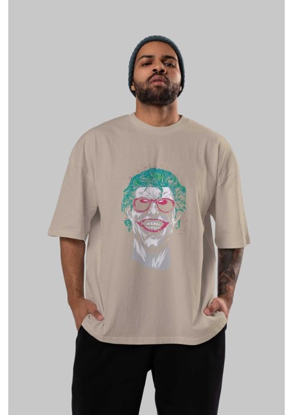 Joker 1 Ön Baskılı Bej Oversize T-Shirt Bisiklet Yaka Pamuk Erkek Kadın indirimleri