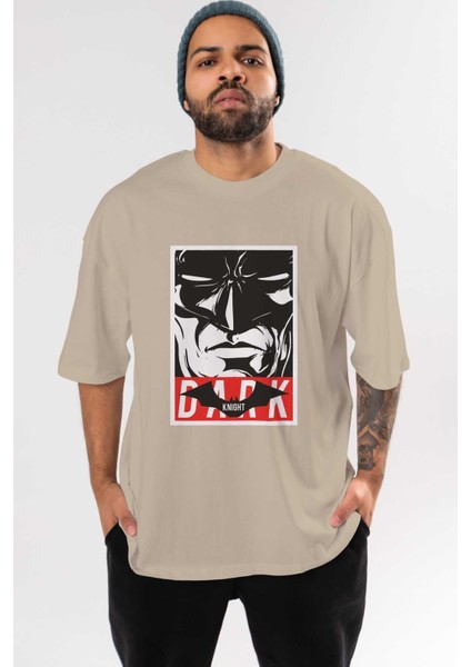Batman (23) Ön Baskılı Bej Oversize T-Shirt Bisiklet Yaka Pamuk Erkek Kadın