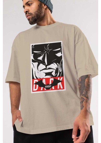 Batman (23) Ön Baskılı Bej Oversize T-Shirt Bisiklet Yaka Pamuk Erkek Kadın modelleri
