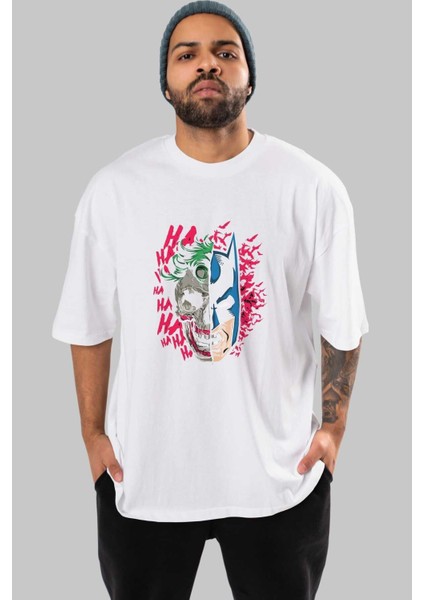 Joker Batman Ön Baskılı Beyaz Oversize T-Shirt Bisiklet Yaka Erkek Kadın