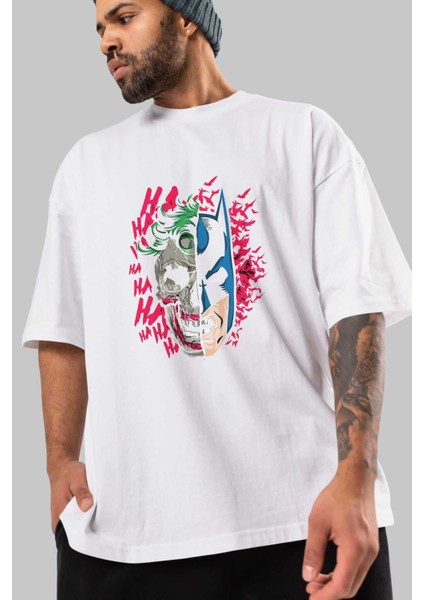 Joker Batman Ön Baskılı Beyaz Oversize T-Shirt Bisiklet Yaka Erkek Kadın modelleri