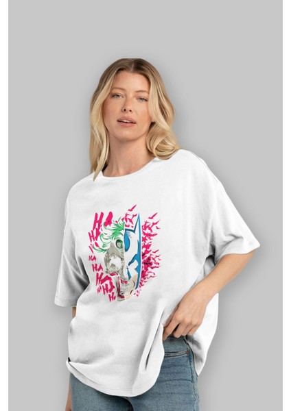 Joker Batman Ön Baskılı Beyaz Oversize T-Shirt Bisiklet Yaka Erkek Kadın fırsatları