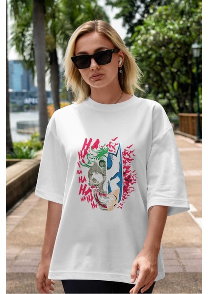 Joker Batman Ön Baskılı Beyaz Oversize T-Shirt Bisiklet Yaka Erkek Kadın indirimleri
