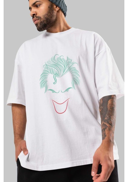 Joker (1) Ön Baskılı Beyaz Oversize T-Shirt Bisiklet Yaka Erkek Kadın modelleri