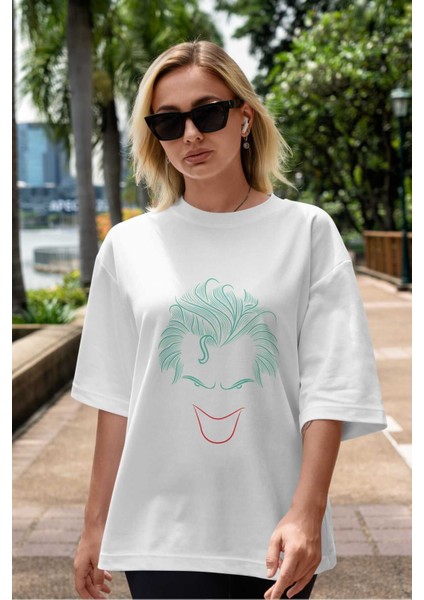 Joker (1) Ön Baskılı Beyaz Oversize T-Shirt Bisiklet Yaka Erkek Kadın indirimleri