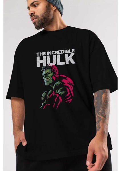 Hulk (10) Ön Baskılı Siyah Oversize T-Shirt Bisiklet Yaka Erkek Kadın modelleri