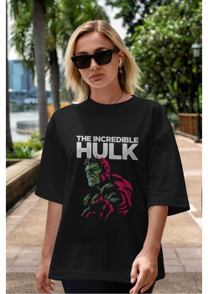 Hulk (10) Ön Baskılı Siyah Oversize T-Shirt Bisiklet Yaka Erkek Kadın indirimleri