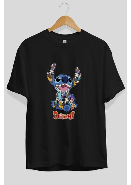 Stitch Ön Baskılı Siyah Oversize T-Shirt Bisiklet Yaka Erkek Kadın fiyatları