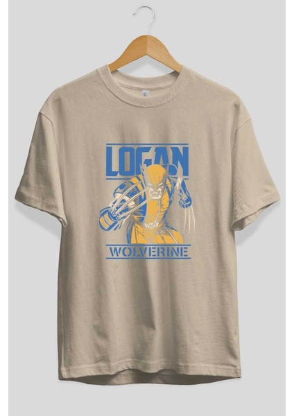 Wolverine Logan Ön Baskılı Bej Oversize T-Shirt Bisiklet Yaka Pamuk Erkek Kadın fiyatları