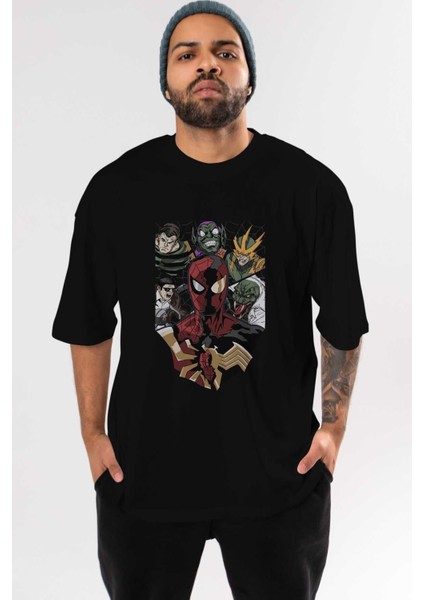 Spiderman (31) Ön Baskılı Siyah Oversize T-Shirt Bisiklet Yaka Erkek Kadın