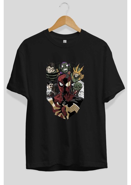 Spiderman (31) Ön Baskılı Siyah Oversize T-Shirt Bisiklet Yaka Erkek Kadın fiyatları