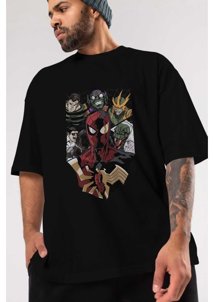 Spiderman (31) Ön Baskılı Siyah Oversize T-Shirt Bisiklet Yaka Erkek Kadın modelleri