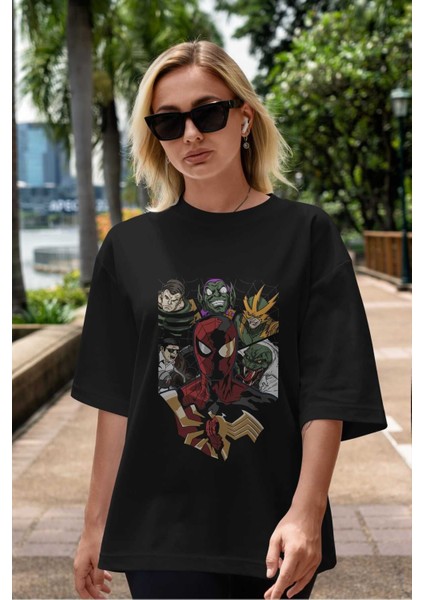 Spiderman (31) Ön Baskılı Siyah Oversize T-Shirt Bisiklet Yaka Erkek Kadın indirimleri