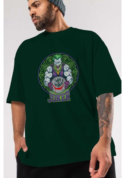 Joker Gym Ön Baskılı Zümrüt Yeşili Oversize T-Shirt Bisiklet Yaka Pamuk Erkek Kadın modelleri