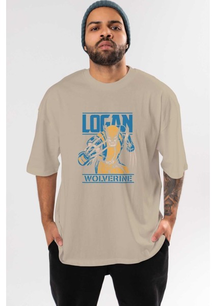 Wolverine Logan Ön Baskılı Bej Oversize T-Shirt Bisiklet Yaka Pamuk Erkek Kadın
