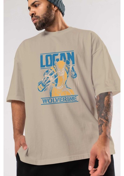 Wolverine Logan Ön Baskılı Bej Oversize T-Shirt Bisiklet Yaka Pamuk Erkek Kadın