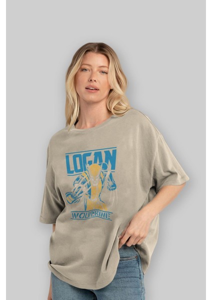 Wolverine Logan Ön Baskılı Bej Oversize T-Shirt Bisiklet Yaka Pamuk Erkek Kadın