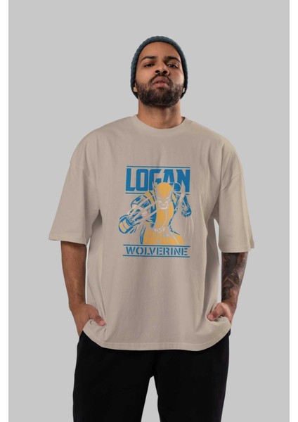 Wolverine Logan Ön Baskılı Bej Oversize T-Shirt Bisiklet Yaka Pamuk Erkek Kadın
