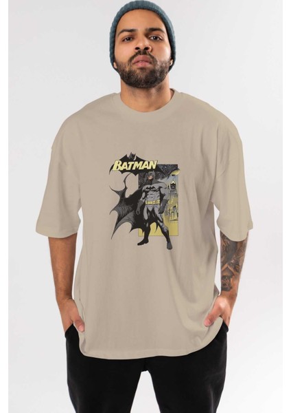 Batman 1 Ön Baskılı Bej Oversize T-Shirt Bisiklet Yaka Pamuk Erkek Kadın