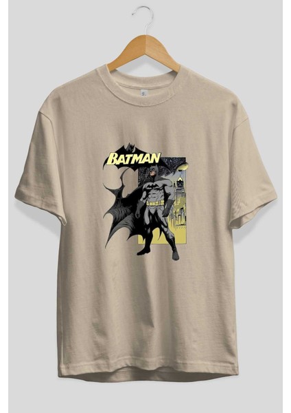 Batman 1 Ön Baskılı Bej Oversize T-Shirt Bisiklet Yaka Pamuk Erkek Kadın fiyatları