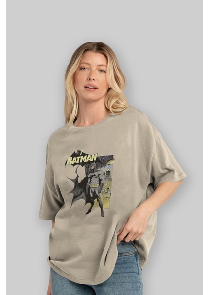 Batman 1 Ön Baskılı Bej Oversize T-Shirt Bisiklet Yaka Pamuk Erkek Kadın fırsatları