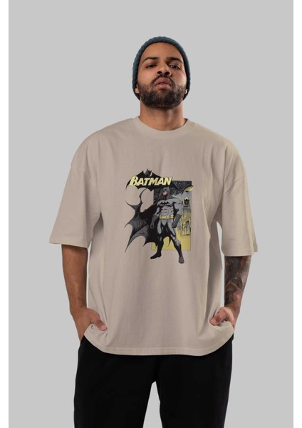 Batman 1 Ön Baskılı Bej Oversize T-Shirt Bisiklet Yaka Pamuk Erkek Kadın indirimleri
