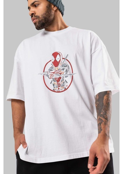 Deadpool (5) Ön Baskılı Beyaz Oversize T-Shirt Bisiklet Yaka Erkek Kadın modelleri